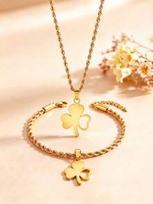 2pcs Korean Style Gentle Gold-Plated Twisted Pendant Necklace & Bracelet Set, Stainless Steel Women's Daily Matching Jewelry, Exquisite Holiday Accessories - Gold - View 5