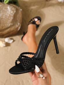 On feet& in love Summer Women's Fashion Elegant Sexy Rhinestone Single Strap Shallow Toe Open Toe Outdoor Wear Slide Sandals Thin High Heel Sandals Suitable For Matching With Dresses - Black - View 2