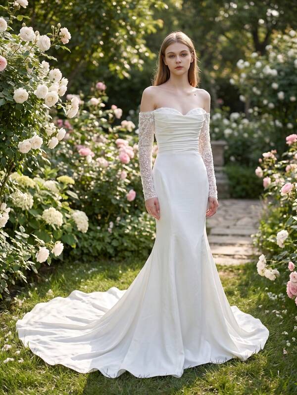 Summer New Elegant White Off-Shoulder Heart-Shaped Women's Wedding Dress With Sequin Lace Sleeves And Cinched Waist Back Bridal Gown Suitable For Outdoor Lawn Beach Indoor Wedding Party Banquet
