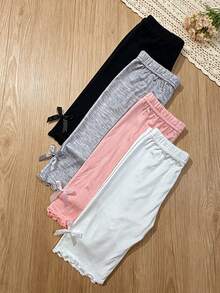 4 piezas/Paquete Leggings de unicolor con lazo y volantes para niña joven, primavera/otoño, suaves & cómodos, versátiles para usar en capas o solos - Multicolor - Ver 5