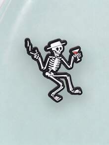American Party Dancing Skeleton Cocktail Enamel Pin Vintage Hat Dark Punk Cartoon Brooch Jacket Decor Badge - Black and White - View 6