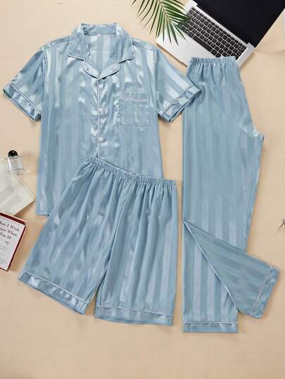 Men's Summer Home Wear Set, British Style Satin Striped Jacquard Lapel Front Button Short Sleeve Top, Short Sleeve Long Pants, 3-Piece Set, Autumn Men's Pajama Set