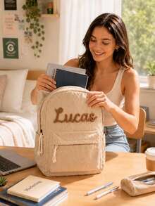 Customized Name Corduroy Backpack, Personalized Holiday Text Custom Bag, Colorful Back To School Student Bag, Unique Student Backpack, Ideal Personalized Gift - Multicolor - View 3