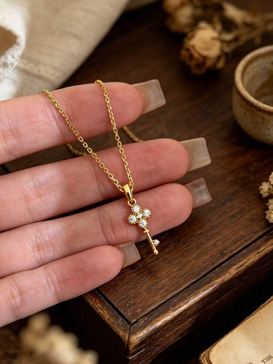 1件装不锈钢多功能多层项链,时尚优雅日式奢华迷你全镶钻钥匙吊坠项链,女士款 - mini滿鑽小鑰匙項鍊 - 查看 1