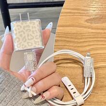 新款 5 件組白色豹紋羽毛 IMD 透明手機殼 + 充電頭保護套 + 數據線束帶 + 數據線保護套 TPU 防摔保護殼，適用 6 7 8 XXs XR XS Max 11 12 13 14 15 16 17 Pro Max，適合作為情侶、女性、女兒、男朋友、女朋友、青少年女孩的生日與聖誕禮物 - 彩色 - 查看 3