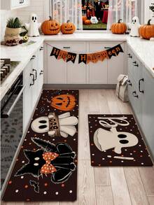1/2pcs Halloween Kitchen Decor Rug, Cute Ghost Kitchen Rug And Mat, Non-Slip Washable Absorbent Kitchen Accessories Decorative Mat - Multicolor - View 2