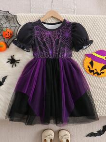 Halloween Girls Toddler Dress, Cute Casual Purple Spider Web Print Petal Sleeve Short Sleeve Round Neck Mesh Patchwork Dress - Purple - View 3