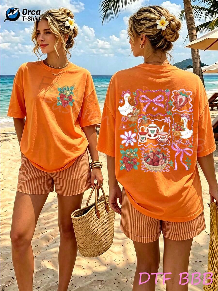 Sommar-T-shirt för kvinnor tillverkad av 100% bomull, med sött tryck av jordgubbar och ankor, ledig passform, bekväm topp för strandsemester, picknickar och vardagsbruk. - Orange - Visa 1