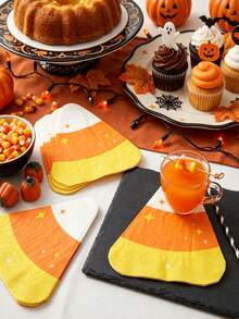 1 Set Halloween Corn Shaped Paper Napkins, Star Print Triangle Decorative Dinner Napkins, Suitable For Halloween Costume Party Table Setting, Waterproof Soft Paper Cocktail Napkins, Spooky Holiday Table Decor Supplies - A - View 5