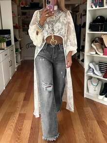 Light Wash Distressed High Waist Full Length Wide Leg Frayed Hem Women's Jeans, Casual Autumn Style - Grey - View 5