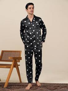 Spring/Autumn Men's Cardigan Faux Silk Pajama Set, Premium Long Sleeve & Long Pants Comfortable Loungewear - Multicolor - View 3