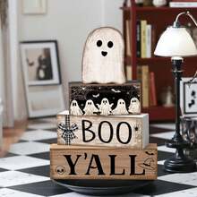 4件組萬聖節木製幽靈分層托盤裝飾套組，鄉村風木製幽靈方塊裝飾牌禮品，萬聖節桌面中心裝飾，農舍風，適用於居家桌面、廚房層架 - 多色 - 查看 7