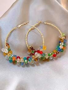 1 Pair Sweet Elegant Colorful Wrapped Beaded Hoop Earrings Suitable For Vacation And Party Wear - Colorful - View 8