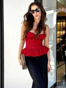 Red Crop Halter Tops For Women Ruffle Peplum Backless Camisole Top Summer Ruched Sleeveless Tie Top Woman Bustier Slim Fit Going Out Club Outfits - Red - View 4