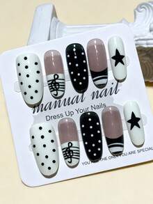 10pcs Rock Star Style Black & White Striped Polka Dot Nail Stickers, With Musical Note Nail Art Design, Handmade Gel Nails, Includes Polka Dot & Striped Stickers And Application Tools - Multicolor - View 5