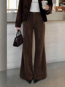 Women's High Waist Corduroy Flare Pants, Single Button Front, Square Patch Pockets, Solid Color Retro Casual Long Pants - Brown - View 11