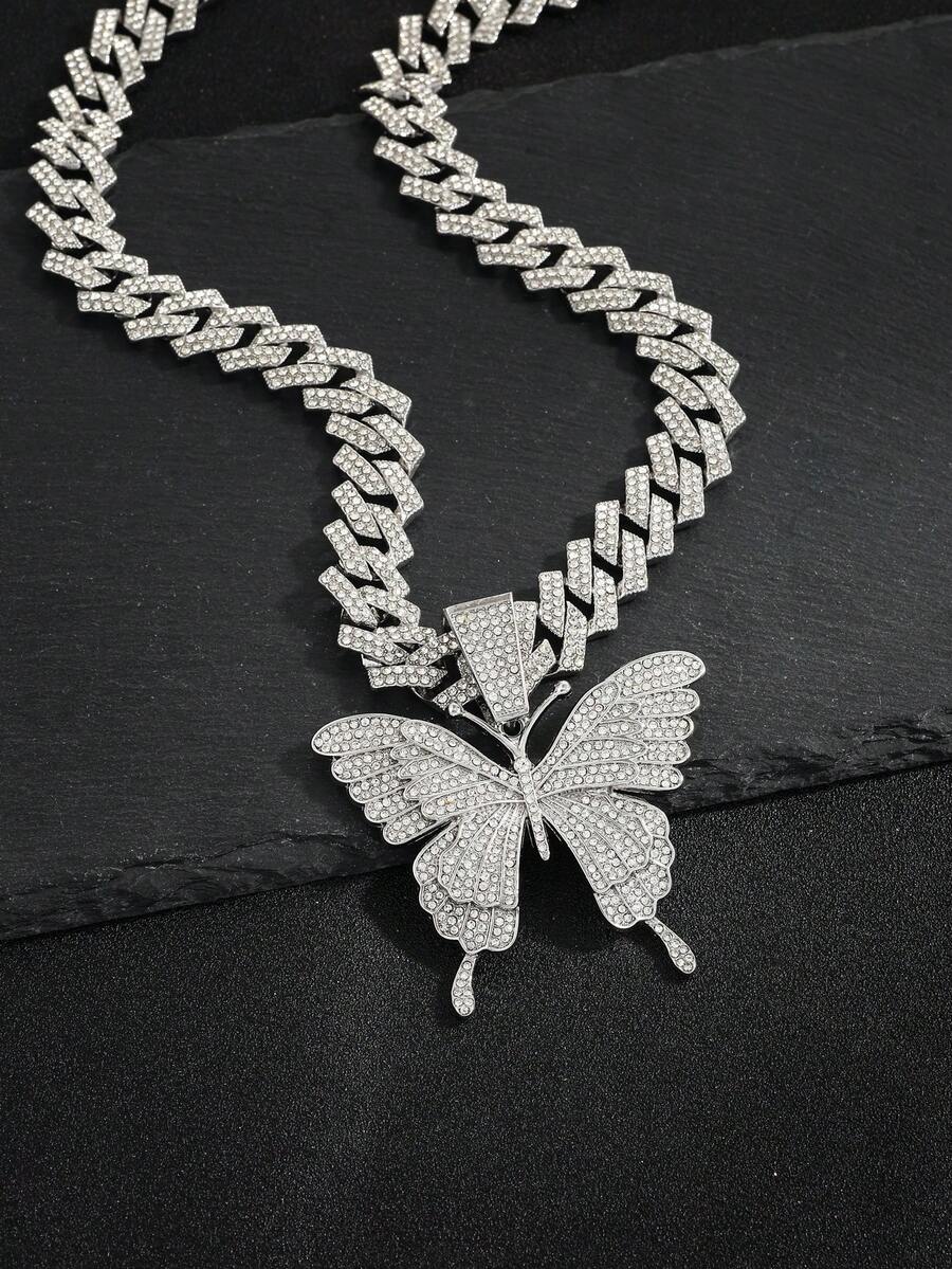4 Tones Sparkling Crystal Iced Out Butterfly Pendant Thick Cuban Chain, Unisex Hip Hop Street Statement Neck Accessory For Couple - Multi-color Butterfly Necklaces - View 1