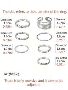 RINTOLER Juego de 7 anillos de metal personalizados estilo callejero, adecuado para accesorios de joyería de uso diario para mujeres, anillos de metal estilo hip-hop, no ajustables - Plateado - Ver 2