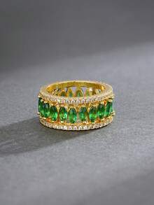 1pc Fashionable European And American Style Double Layer Hollow Eye-Shaped Zirconia Wide Band Ring, Women's Wedding, Evening Party, Gathering, Daily Commute Accessory - Multicolor - View 6