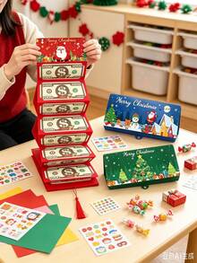 1個10格聖誕現金與禮品卡收納盒，聖誕老人雪花樹圖案與Merry Christmas文字，紅色，可收納現金與禮品卡，適合聖誕節、生日、節日金錢禮品袋，派對活動與聖誕襪填充禮物 - 多色 - 查看 3