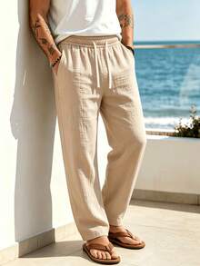 Celana Panjang Pria Musim Semi/Panas Tipis Bernapas Gaya Hip-Hop Linen Kasual Olahraga Celana Pantai Potongan Lurus Gaya Hawaii Warna Polos Desain Minimalis. Saku Samping - Praktis Untuk Membawa Dan Menyimpan - Aprikot - View 3