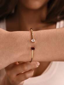 Personalized Double Stone Open Bangle, Customized Birthstone Bracelet, Stainless Steel Stackable Jewelry For Women - Multicolor - View 7