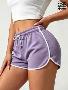 mulinsen Women's Athletic Shorts, Elastic Drawstring Patchwork Hem, Quick-Dry Running Shorts, Suitable For Fitness Training And Daily Jogging - Mauve Purple - View 3