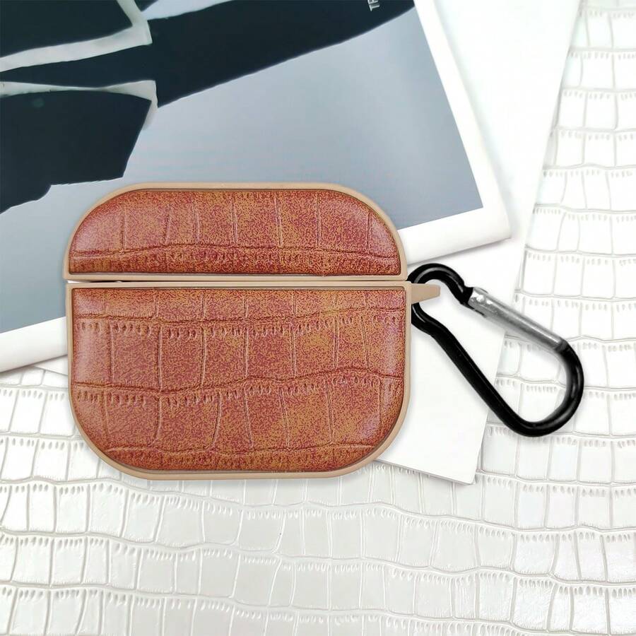 Compatible For AirPods 4 Pro 3 1/2/3 Light Brown Crocodile Pattern Oval Leather Strap With Hook - Brown - View 1