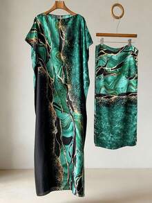FADZOYLE 1pc Geometric Pattern Printed Robe Set Women Vacation Beach Sunshade Casual Versatile Pullover Shawl With Satin Scarf Set Vacation Accessories Daily - Multicolor - View 2
