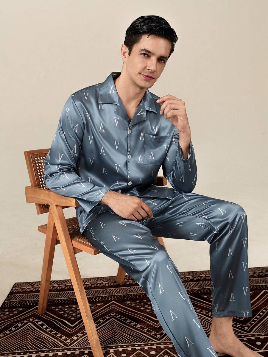 Men's Spring/Autumn Cardigan Faux Silk Pajama Set, High-End Long Sleeve Pants, Comfortable Loungewear - Multicolor - View 1