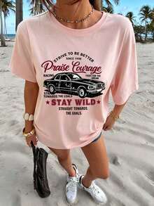 Camiseta Feminina Plus Size Vintage Clássica com Estampa de Corrida, Gola Redonda, Manga Curta, Top Casual Solto e Descontraído, Rosa, Verão - Rosa chiclete - Visão 4