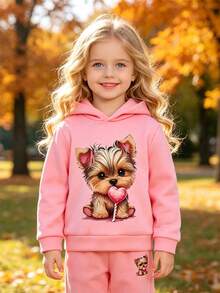 Conjunto de 2 piezas/Set para niñas jóvenes, sudadera con capucha y pantalones de estilo deportivo, casual, minimalista, dulce y suave, con estampado de cachorro de dibujos animados, corazón y piruleta, para otoño/invierno - Rosa - Ver 4