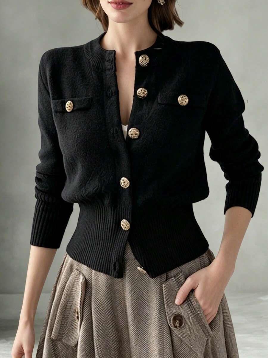 Cárdigan casual de punto de unicolor de manga larga con cuello redondo, botones y bolsillo falso acanalado en negro - Negro - Ver 1
