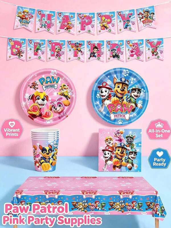 Set di stoviglie da festa a tema PAW Patrol blu-rosa, stoviglie da festa in carta monouso con striscione e tovaglia coordinati. Perfetto per feste di compleanno, picnic, Ringraziamento, Natale e decorazioni festive di Ognissanti >