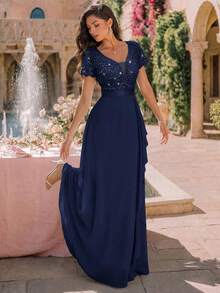 MIUSOL Deep V-Neck Contrast Sequin Lace Ruffle Trim Chiffon Formal Party Maxi Dress, Formal Evening Gown Wedding - Navy Blue - View 7