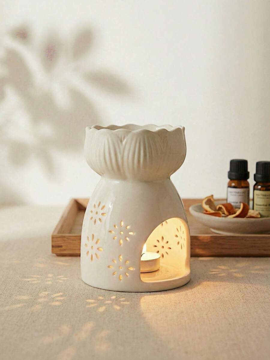 Haus Hana 陶瓷莲花燃烧器、室内装饰香薰扩散器、茶蜡烛香薰精油加热器桌面烛台 - 白色 - 查看 1