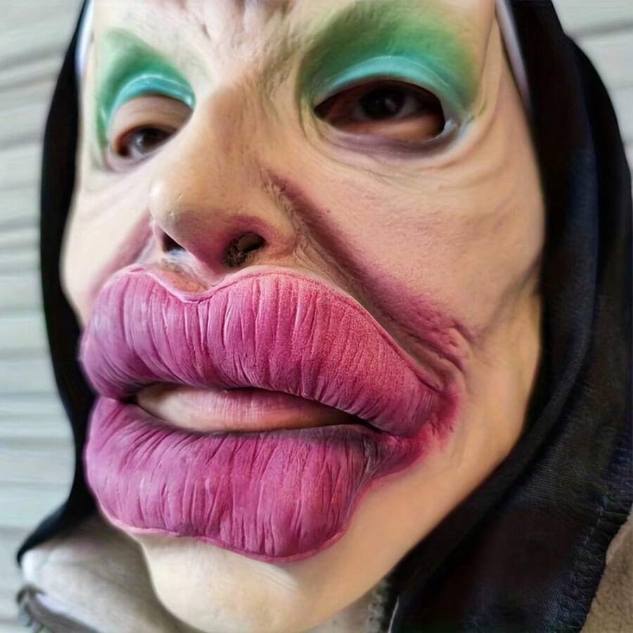 1pc Black Sausage Lips Latex Head Mask, Funny Prank Toy For Friends, Halloween Costume Accessory, Holiday Party, Party Night - Old Woman With Sausage Lips - View 1