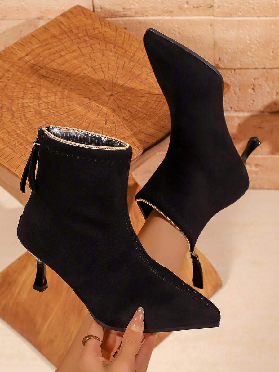 Women's Fashion High Heel Ankle Boots, Black Suede Pointed Toe Stiletto Heel Back Zipper Ankle Boots, Thermal Lined Warm - Black - View 1