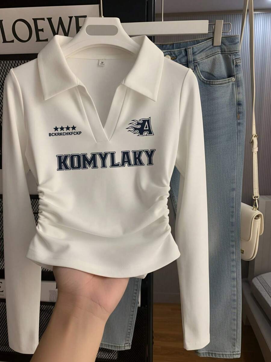 Hot Girl Style Lapel V-Neck Long Sleeve Base Layer Top With Side Drawstring Ruched Design And Niche Letter Print Cropped Blouse Casual White - White - View 1