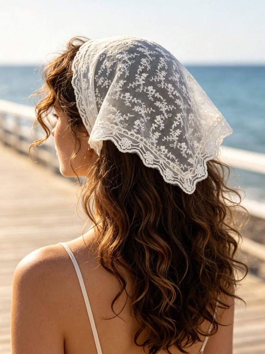 1件法式花卉刺繡蕾絲三角巾,多用途蕾絲飾邊頭巾,適合夏季外出 - 白色 - 查看 1