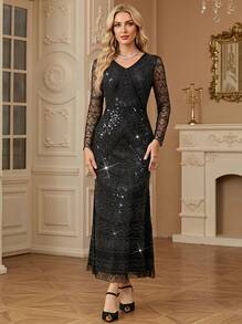 Women's Heavy Embellished Beaded Long Sleeve Arabian Dress Elegant Black - Black - View 2