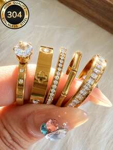 5pcs/Set 18k Gold Plated Women's Premium Luxury 304 Stainless Steel Rings Stackable Set, Suitable For Promise/Engagement/Wedding, Party, Streetwear, Daily Wear, Valentine's Day, Halloween, Christmas Gift For Girlfriend, Best Friend, Family And Friends - Gold - View 15