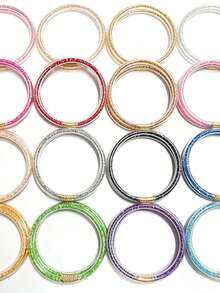 2pcs/Set Gelang Jelly Gaya Vintage Kembali ke Sekolah, Tabung Tipis 5mm dengan Hiasan Berlian Imitasi Berkilau, Pilihan Warna Beragam, Aksesori Perjalanan DIY untuk Menata Ulang - 2 buah/set Berlian imitasi - View 1
