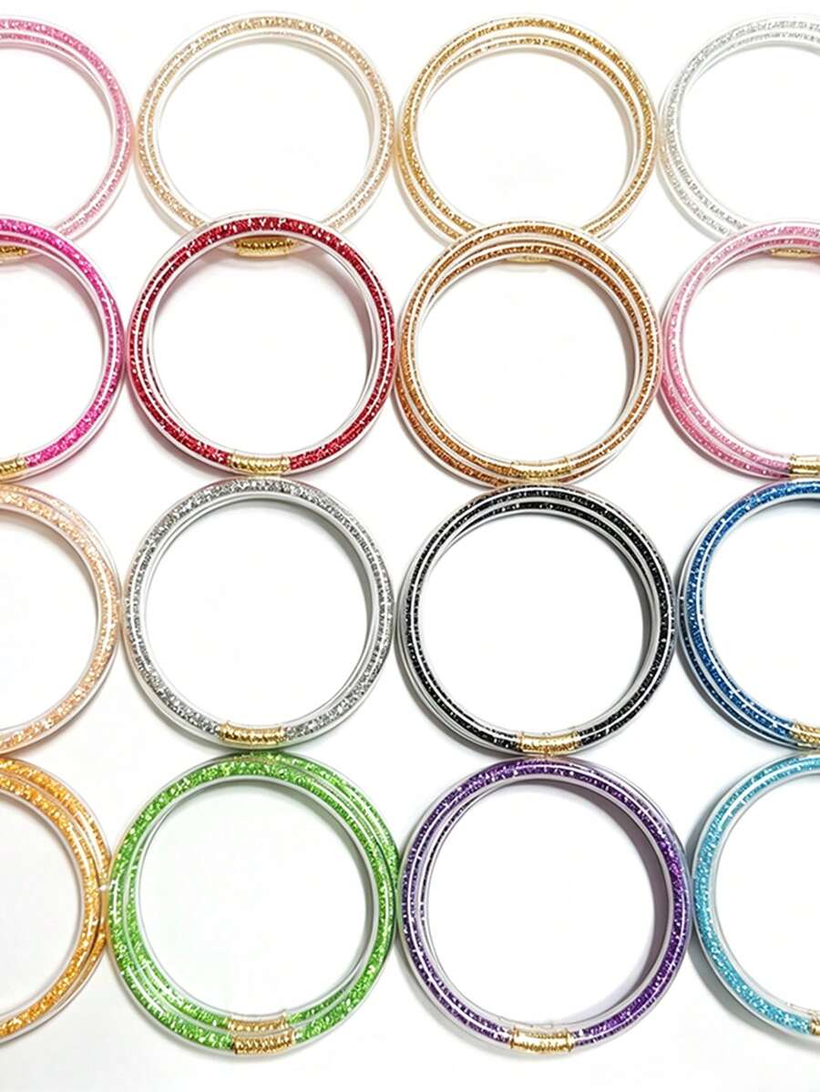 2pcs/Set Gelang Jelly Gaya Vintage Kembali ke Sekolah, Tabung Tipis 5mm dengan Hiasan Berlian Imitasi Berkilau, Pilihan Warna Beragam, Aksesori Perjalanan DIY untuk Menata Ulang - 2 buah/set Berlian imitasi - View 1