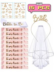 GCGIGUI 27/3/13件組伴娘派對套裝，包含「Bride」面紗與髮箍、「Bride-To-Be」肩帶，粉色與金色婚禮派對小禮品，適合單身女派對 - 10粉 1白 1金箍 1紗 - 查看 9