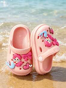 Tamancos de Desenho Animado de Sereia para Meninas com Encantos de Laço e Coração, Chinelos Fechados de EVA Leves e Respiráveis para Praia, Verão e Uso Externo - Rosa chiclete - Visão 3
