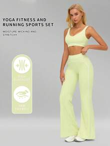 MFVIM Women's Sports Suit, Two-Piece Set With Color-Blocked Lines, Sports Bra And Flared Pants, High-Waisted, High-Elasticity, Quick-Drying Yoga Set - Olive Green - View 3