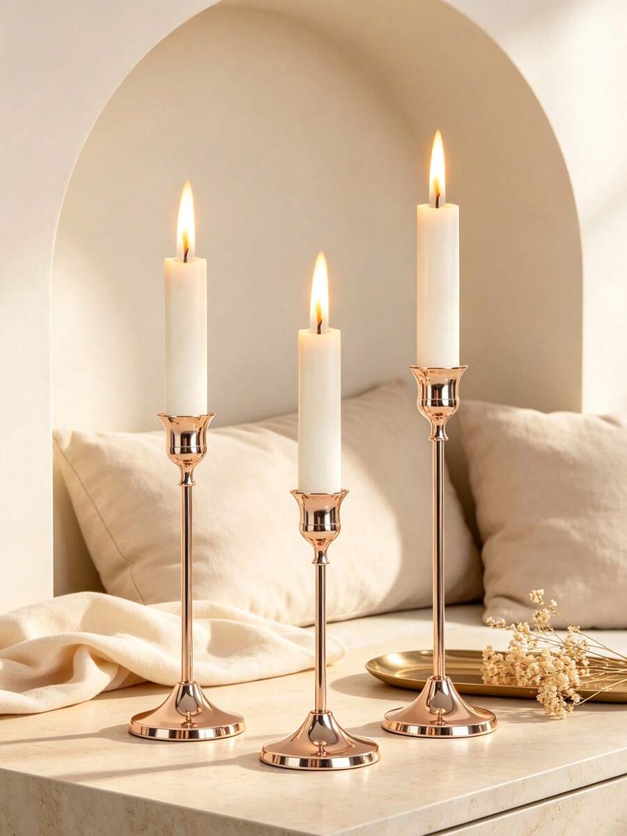 French Style Iron Candle Holder, Vintage Candlesticks, Rose Gold Metallic Finish, Ideal For Home Decor, Room Decoration, Parties & Holidays, Office Styling, Living Room Accents, Gifts For Valentine's, Birthdays, Graduation, Friends - Multiple Styles - View 1