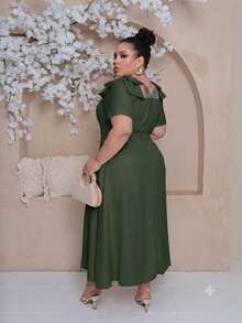 Women's Midi Plus Size Lined Dress With Square Neckline, Short Sleeves, Shoulder Bow, Padded Cups, And Elastic Back In Duna Linen - Elegant Party Dress - 軍綠色 - 查看 4