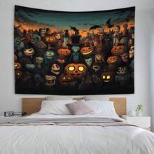 1 Pieza Tapiz Ilustrado con Tema de Halloween de "Huerto de Calabazas Peligroso", Adecuado para Decoraciones de Pared Interiores y Exteriores, Decoraciones Colgantes de Fondo, Telones de Fondo Festivos, Diseño Divertido, Fácil de Colgar y Decoración del Hogar. - Multicolor - Ver 5
